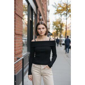 NWOT Art Class Junior Black Off-Shoulder Long Sleeve Ribbed Top Stretchy Size XL